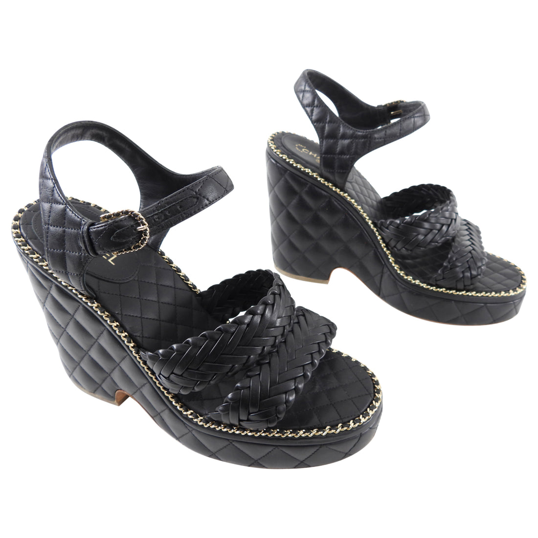 Chanel Black Leather and Wood Platform Sandals Size 8.5/39