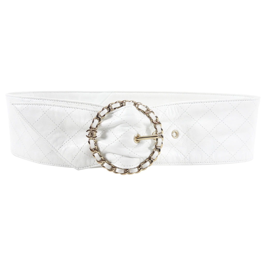 Chanel 19K White Quilted Leather Chain Buckle Wide Belt - 28-30”