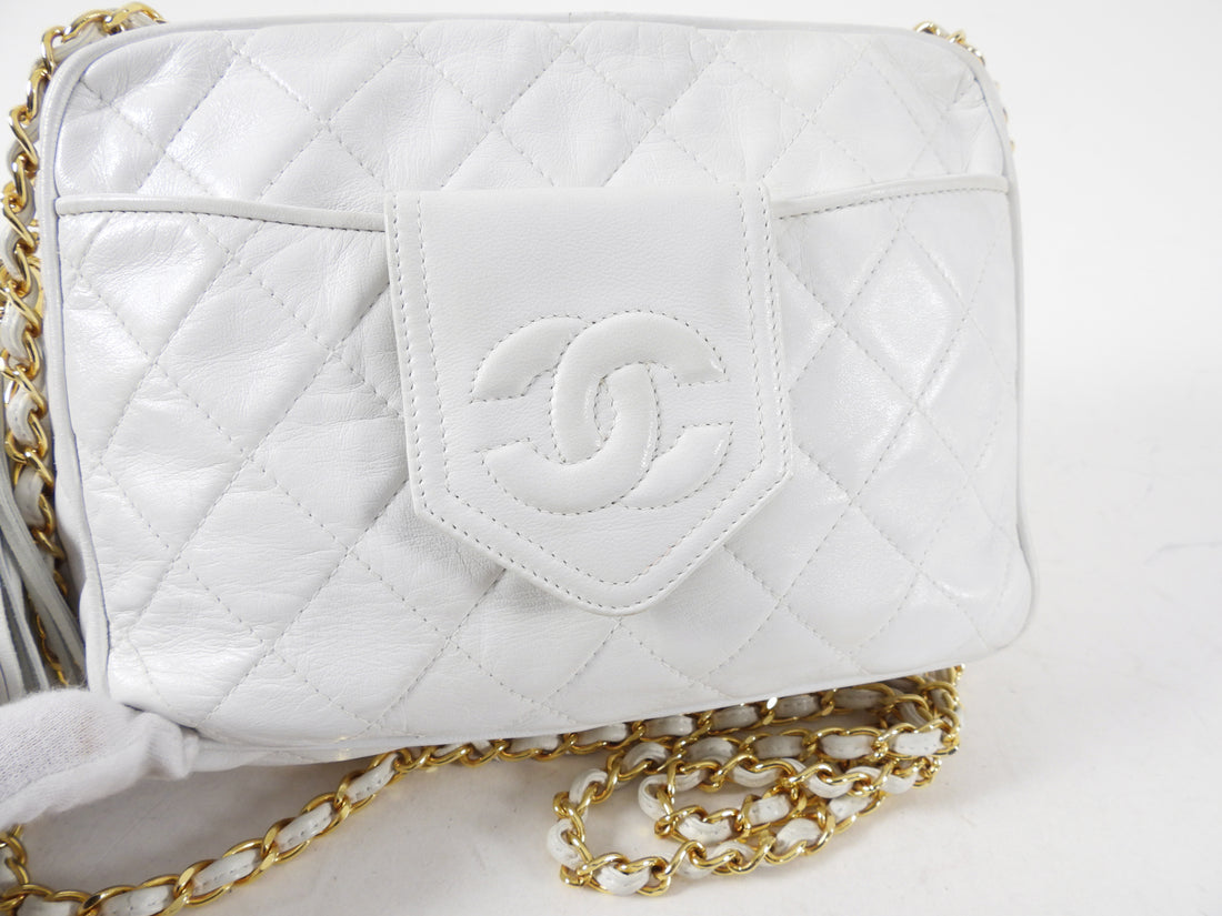 Chanel Vintage 1991 White Lambskin Leather Camera Bag