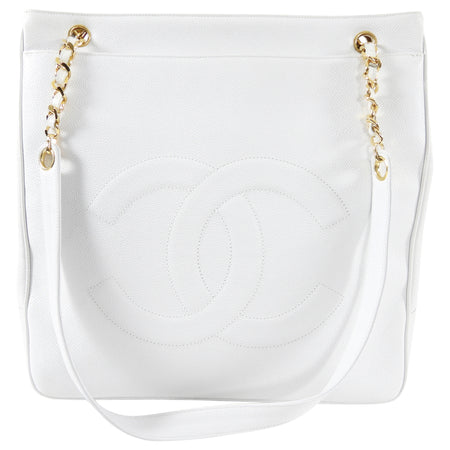 Chanel Vintage 1994 White Caviar Large CC Shoulder Tote Bag