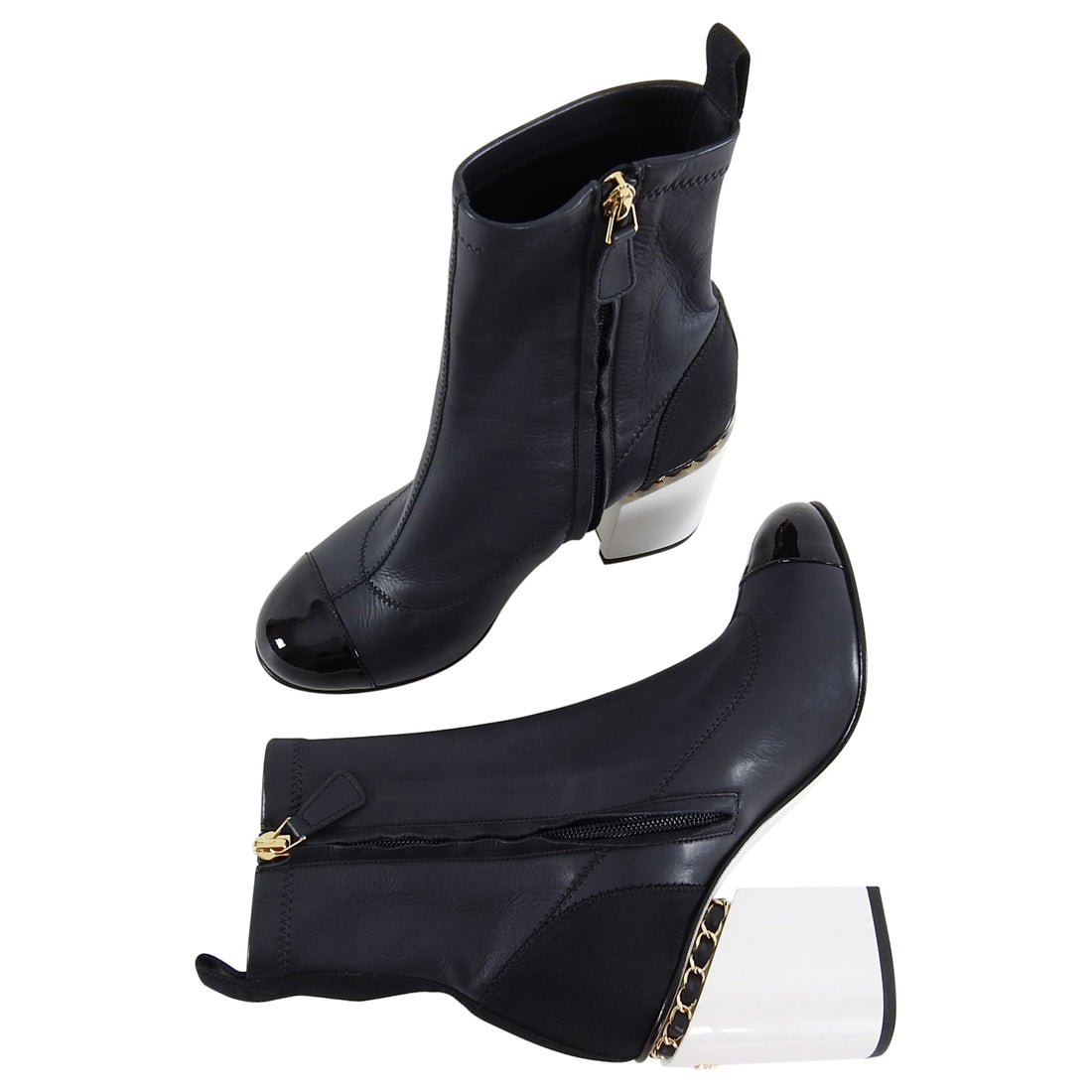 Chanel 16B Black Cap Toe Ankle Boots with White Chain CC Heel - 37.5
