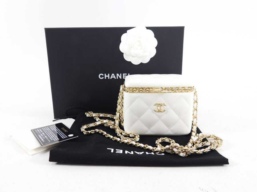 Chanel 22S White Lambskin Quilted Mini Box Chain Vanity Bag – I