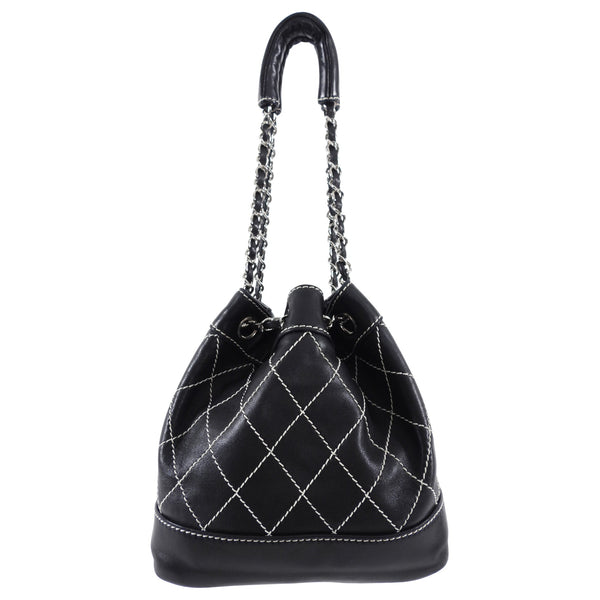 CHANEL Grained Calfskin Stitched Small Drawstring Bag Navy 1304072