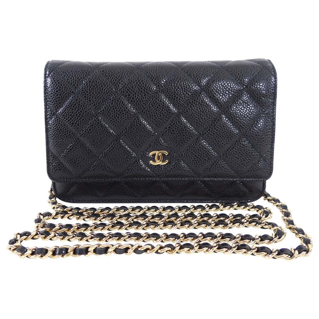 Black Quilted Caviar Wallet on Chain WOC Gold Hardware, 2022