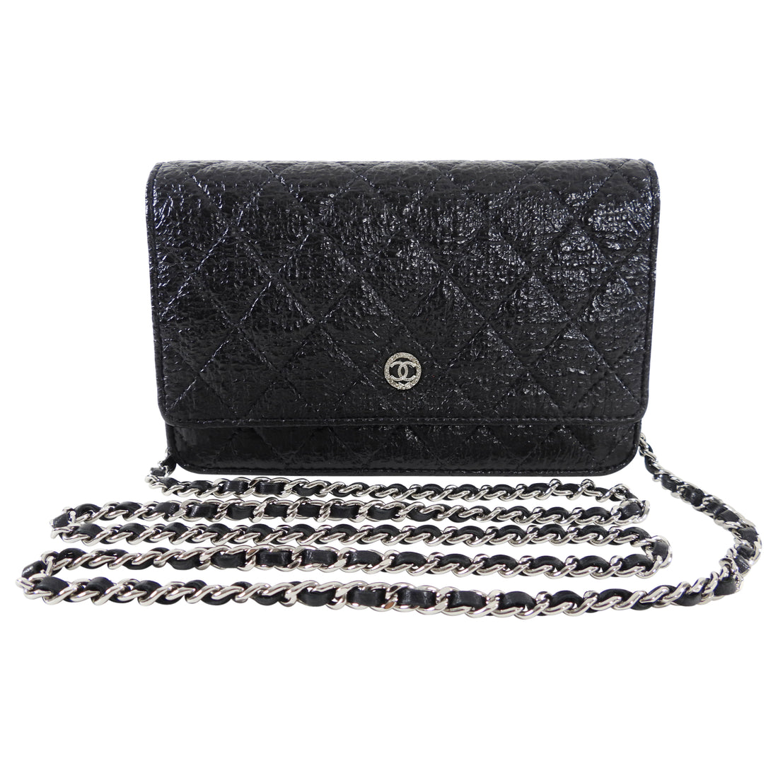 Chanel Brand New Black Crinkled Leather Coin Purse Crossbody Bag