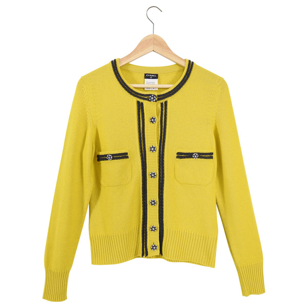 Chanel Mustard Yellow Cashmere Cardigan with Jewelled Buttons - 40