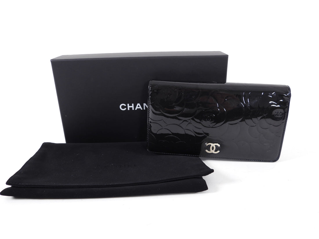 Chanel Black Patent Embossed Camelia Bifold Yen Wallet
