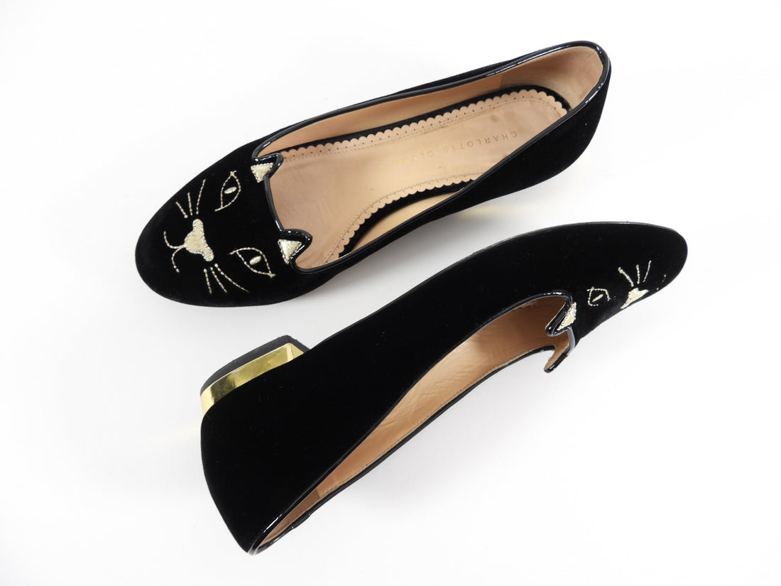 Charlotte Olympia Black Velvet Cat Flat Shoes - 37.5