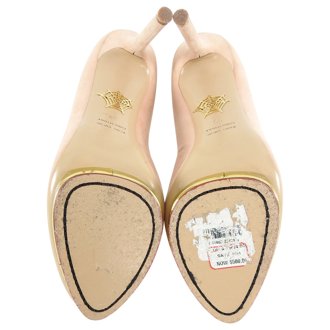 Charlotte Olympia Nude Suede Gold Platform Pumps - 8.5