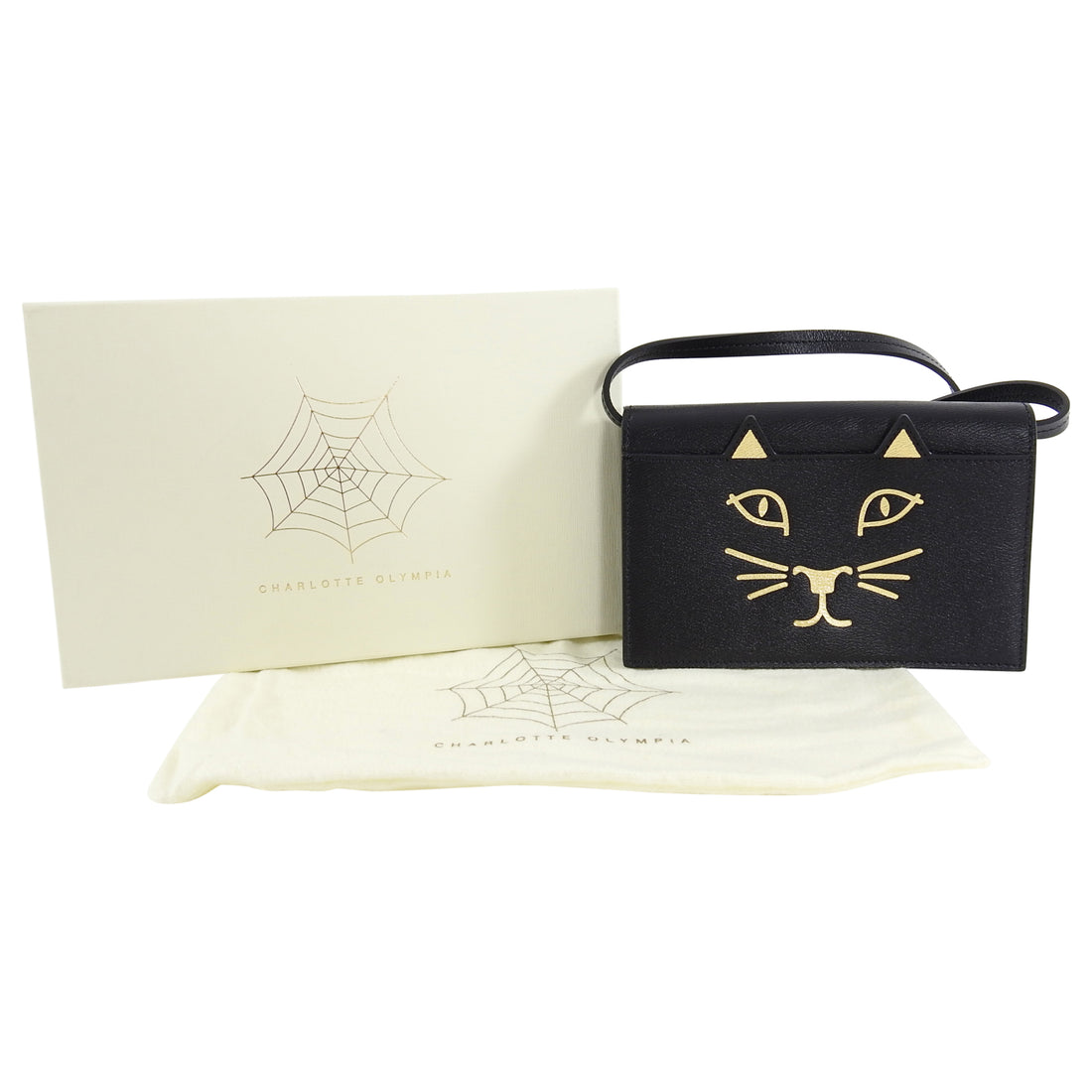 Charlotte Olympia Small Black and Gold Cat Feline Bag