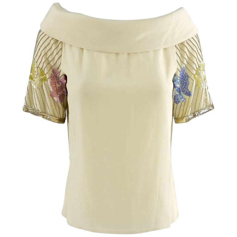 Chloe Vintage 1970's Beige Sequin Beaded Silk Top