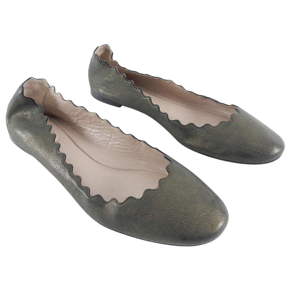 Chloe Dark Bronze Metallic Lauren Scalloped Flat Shoes - 39