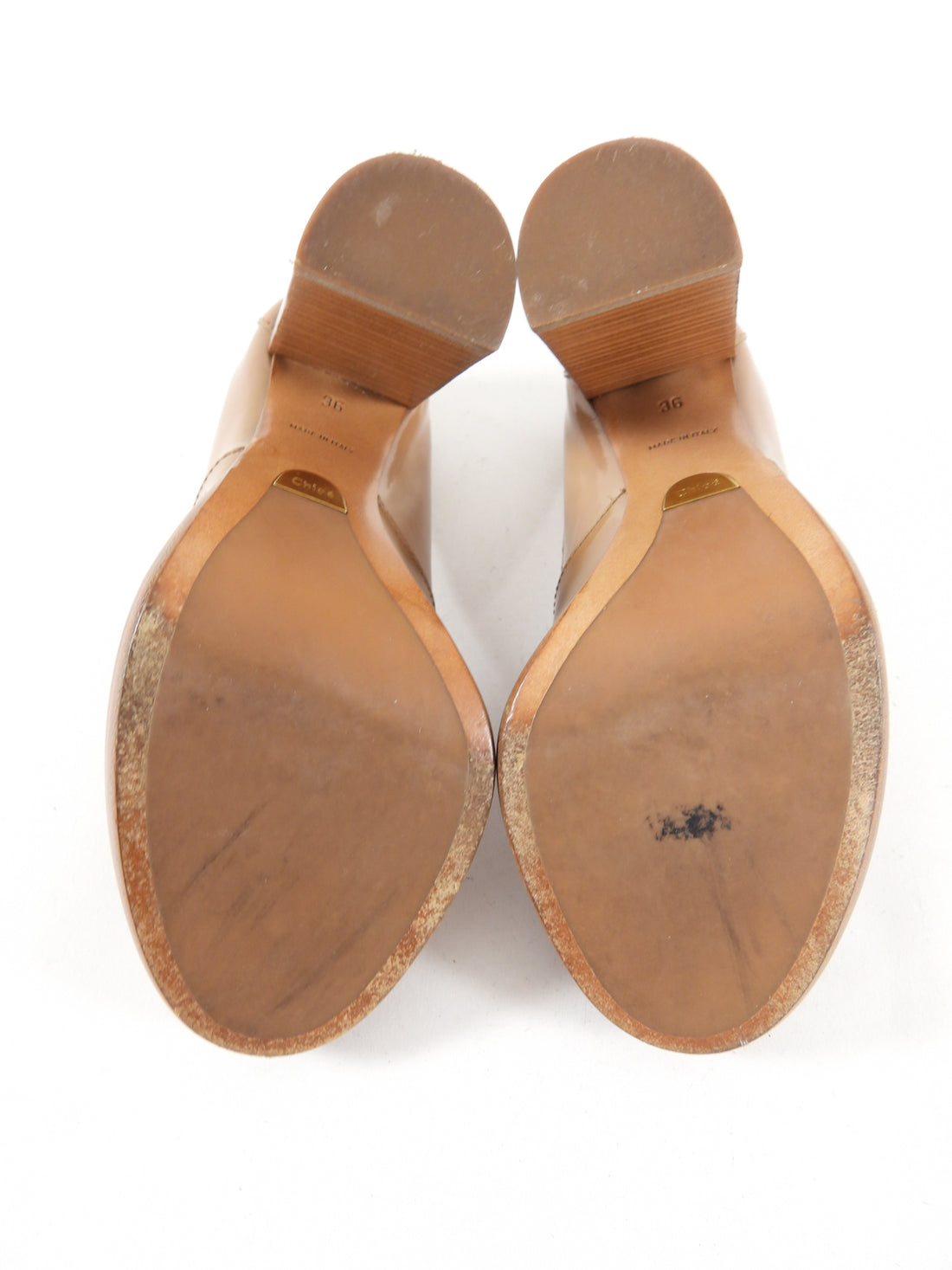 Chloe Brown Gloss Leather Wood Heel Pumps - 36 / USA 5.5