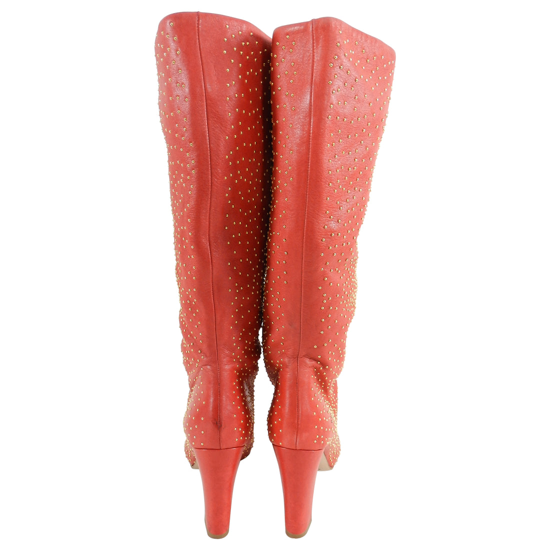 Chloe Tall Red Leather Boots with Gold Studs - 37