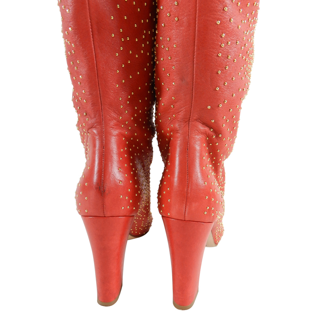 Chloe Tall Red Leather Boots with Gold Studs - 37