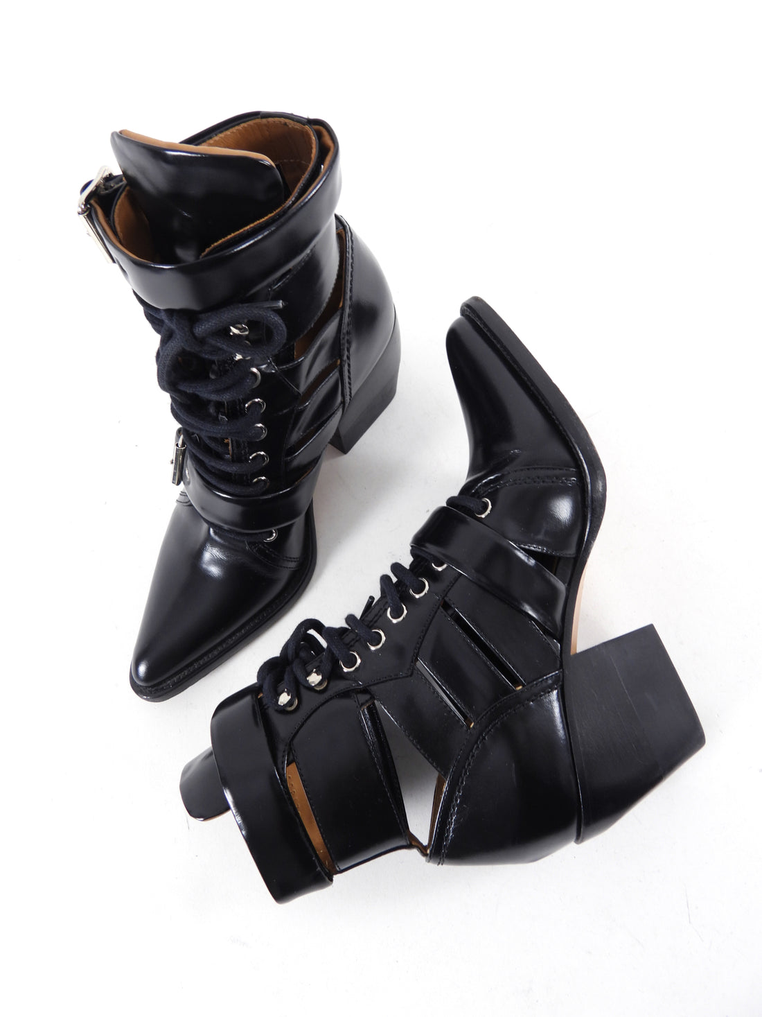 Chloe Black Rylee Lace Up Buckle Ankle Boots - 37