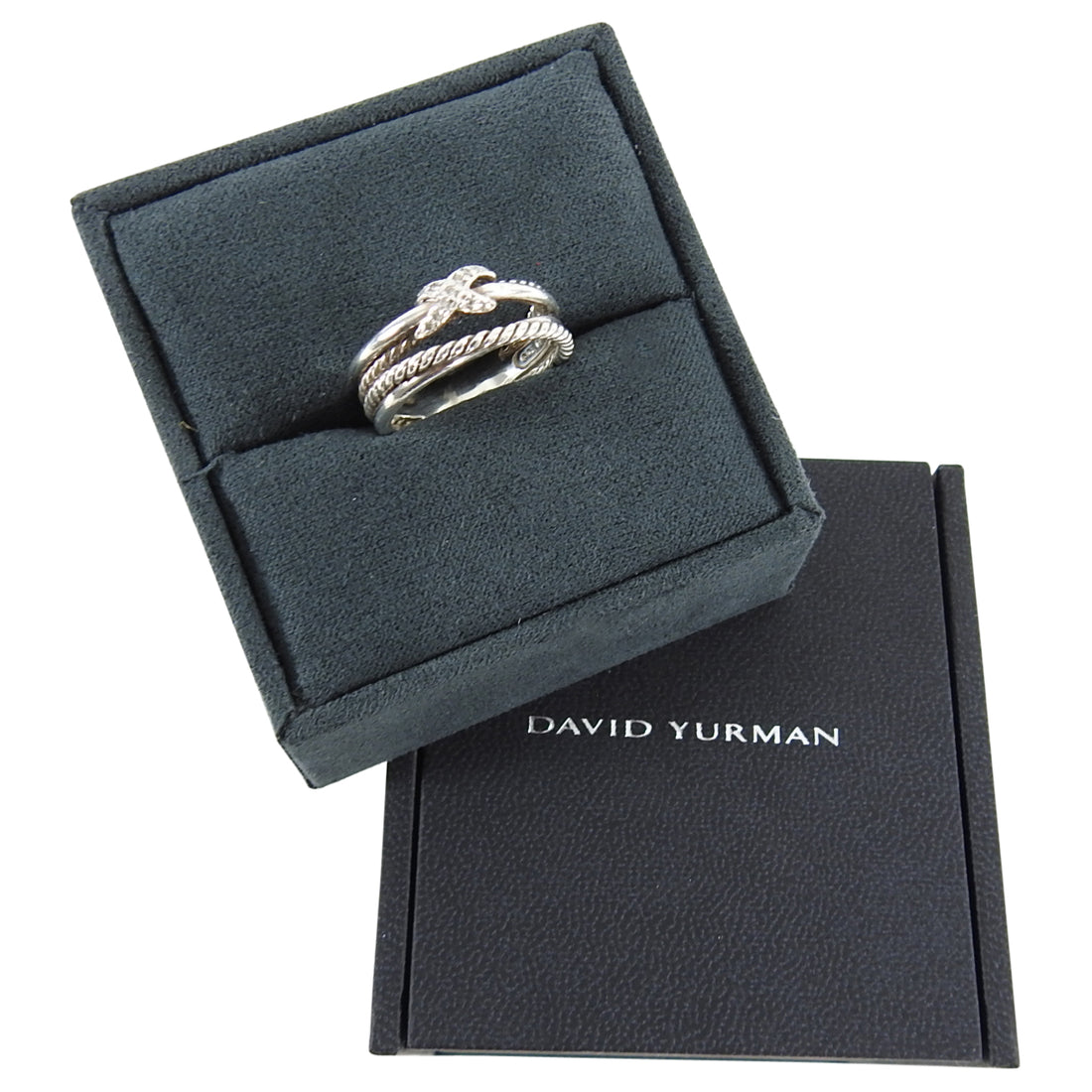 David Yurman Sterling Cable X Stacked Diamond Ring - 7