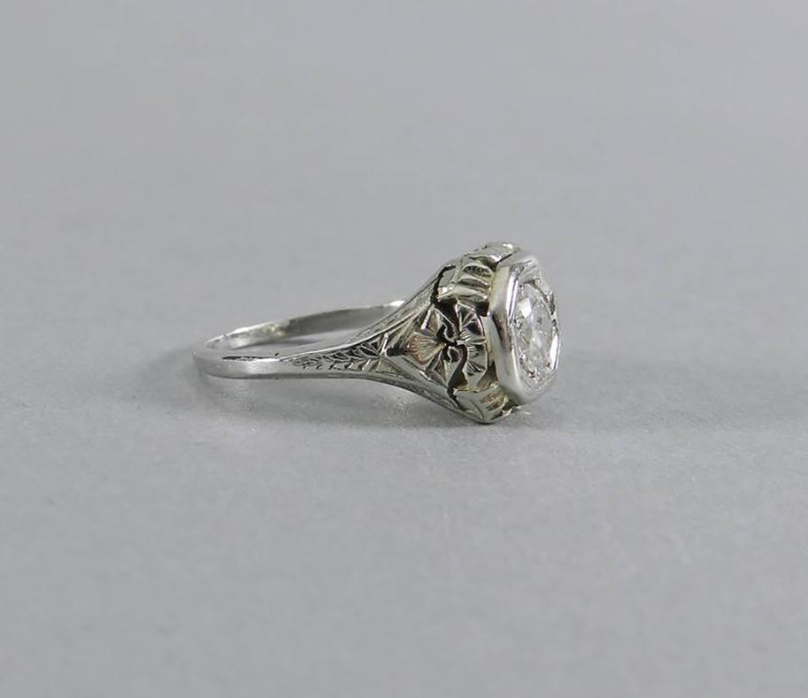 Art Deco 1920's 18k White Gold Old European Cut Diamond Engagement Ring