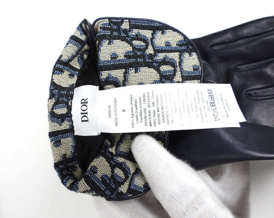 Dior Navy Leather Oblique Monogram Saddle Gloves - 8