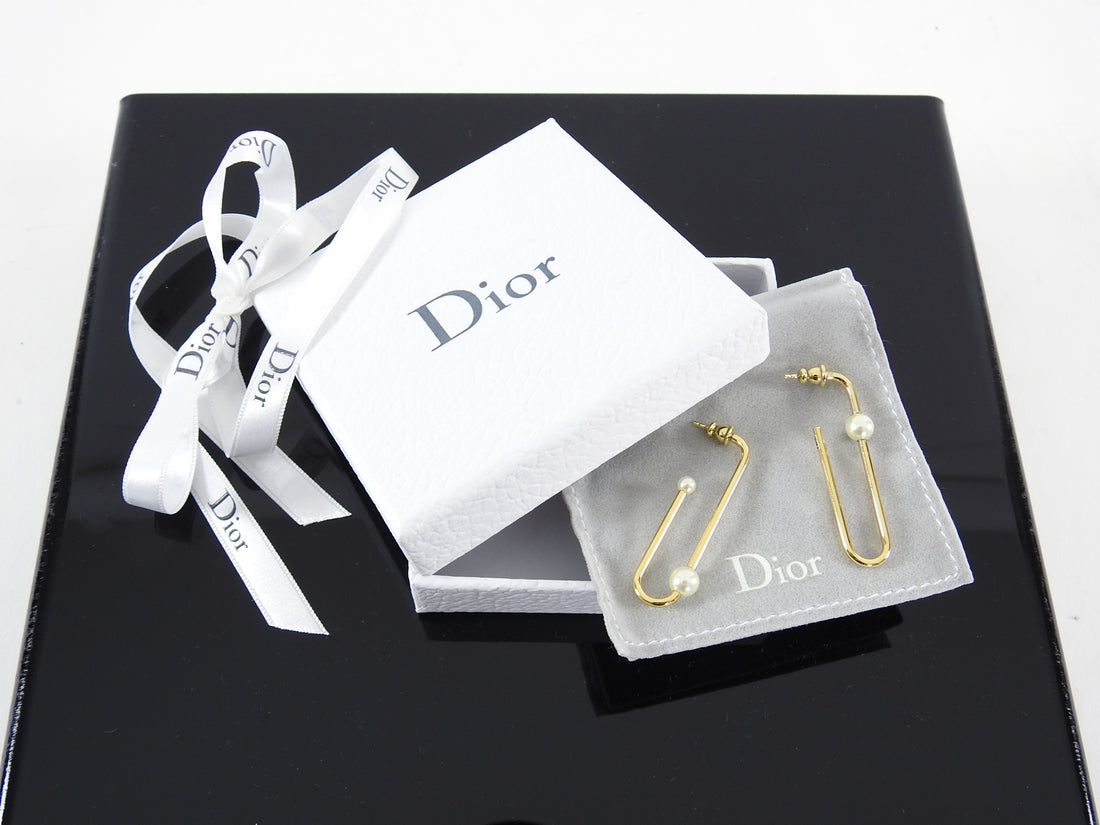 Dior Gold Wire & Pearl Long Hoop Earrings
