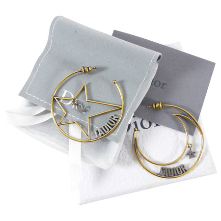 Dior J’Adior Brass Moon Star Logo Hoop Earrings