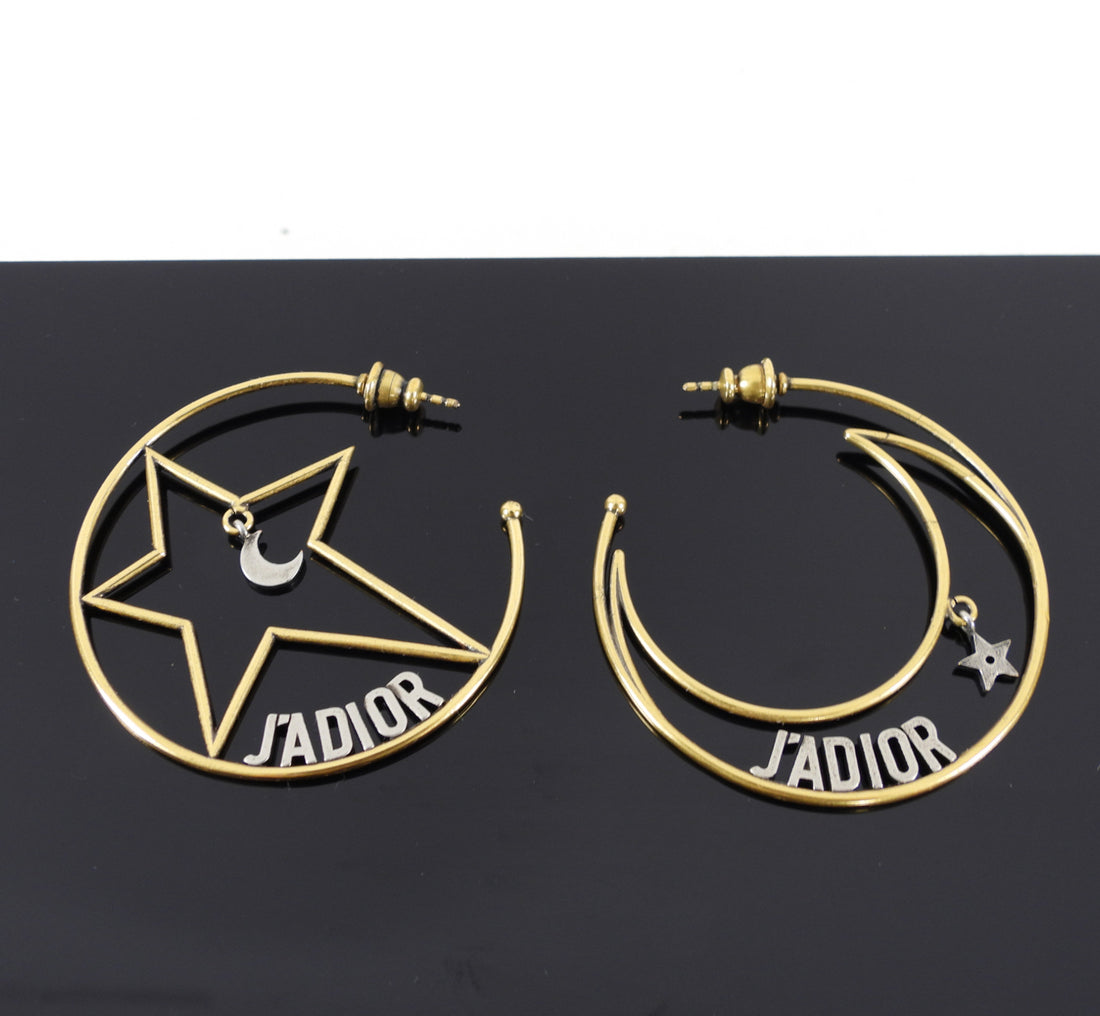Dior J’Adior Brass Moon Star Logo Hoop Earrings