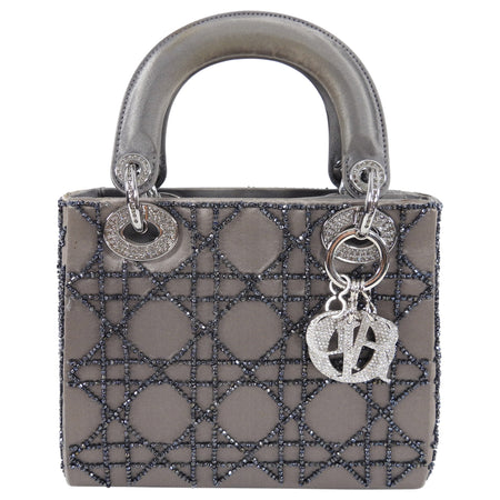 Dior Vintage Grey Satin Mini Beaded Strass Crystal Lady Dior Bag