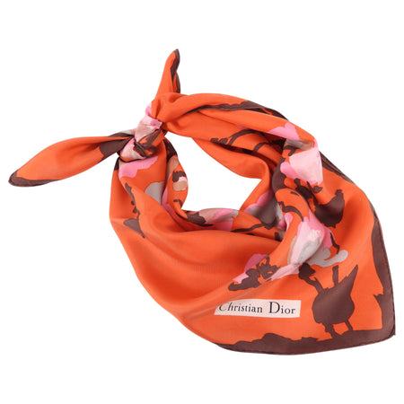 Christian Dior Vintage 1970's Orange Pink Floral Silk Scarf