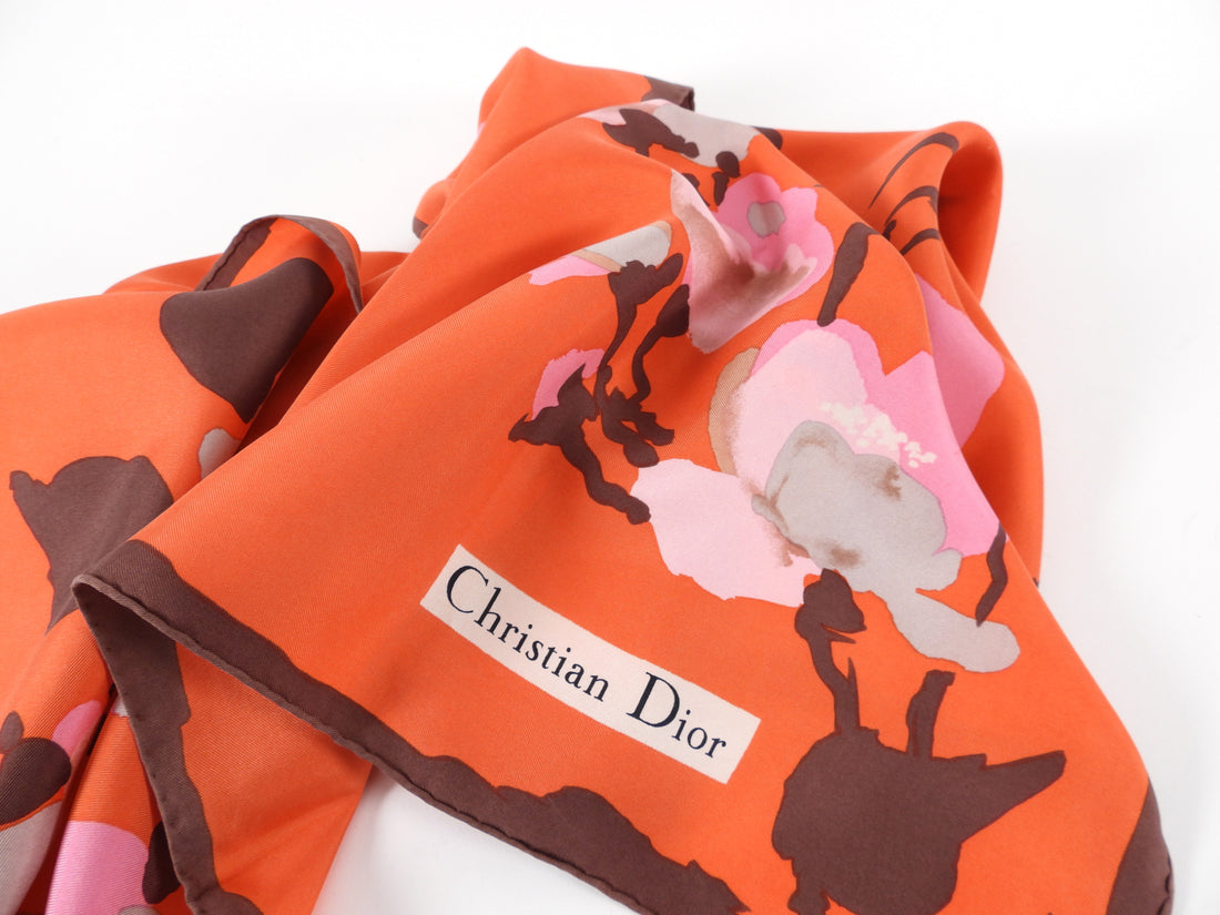 Christian Dior Vintage 1970's Orange Pink Floral Silk Scarf