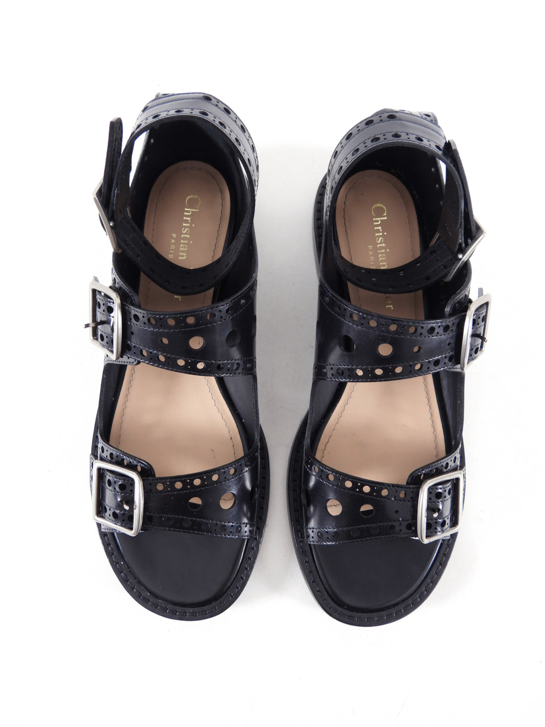 Dior Black Perforated Leather Teddy D Buckle Flat Sandals - 39 / USA 8.5