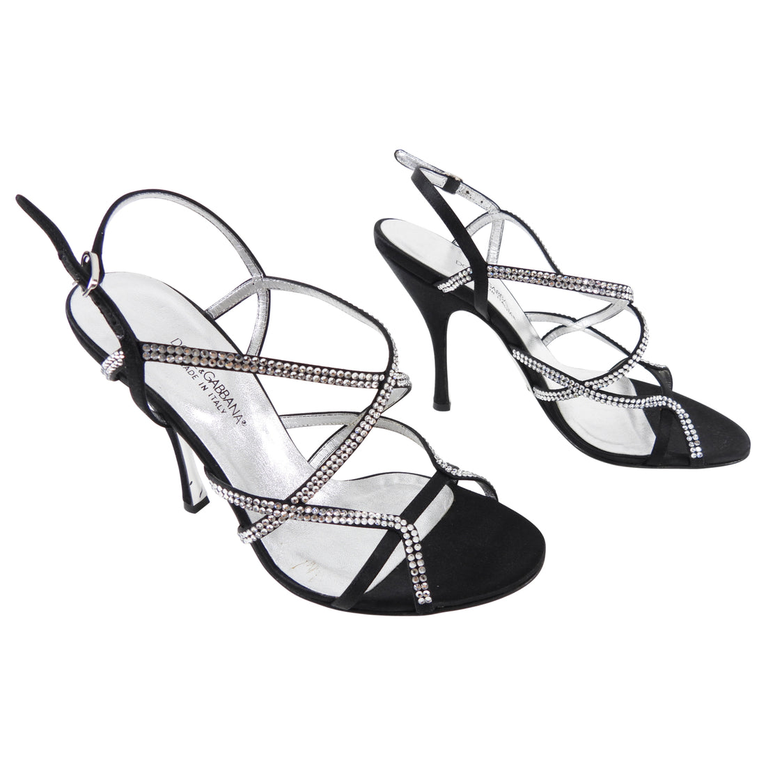 Dolce & Gabbana Black Satin and Crystal Strappy Sandals - 37 / 7