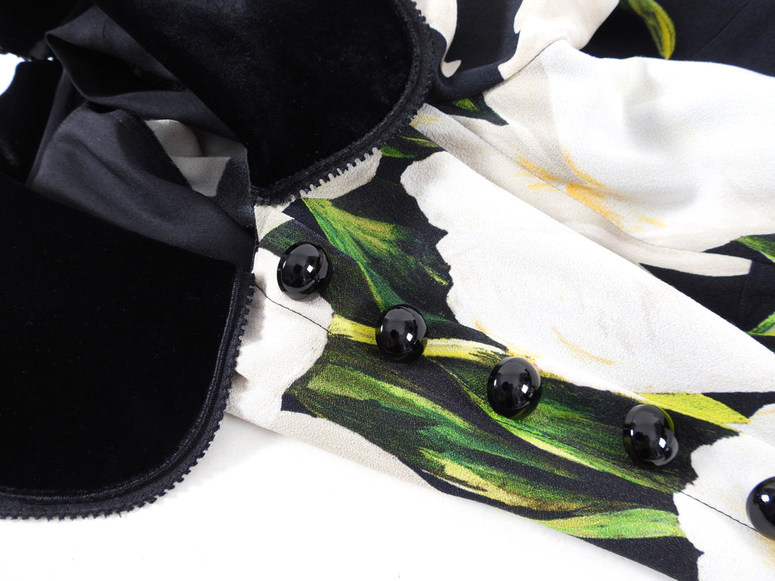 Dolce & Gabbana Black White Floral Midi Dress with Velvet Collar - IT38 / USA 2
