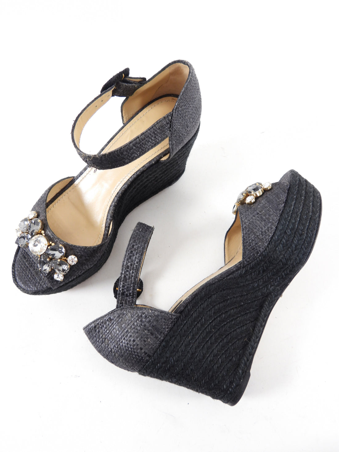 Dolce & Gabbana Black Espadrille Wedge Crystal Sandals - 8