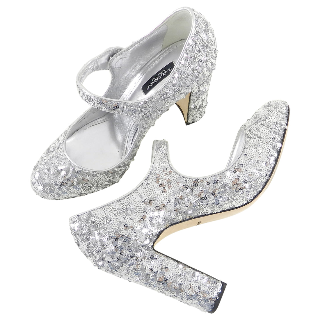 Dolce & Gabbana Vally Silver Sequin Mary Jane Shoes - 38