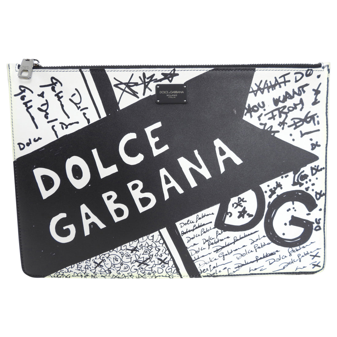Dolce & Gabbana Black and White Leather Flat Pouch Clutch