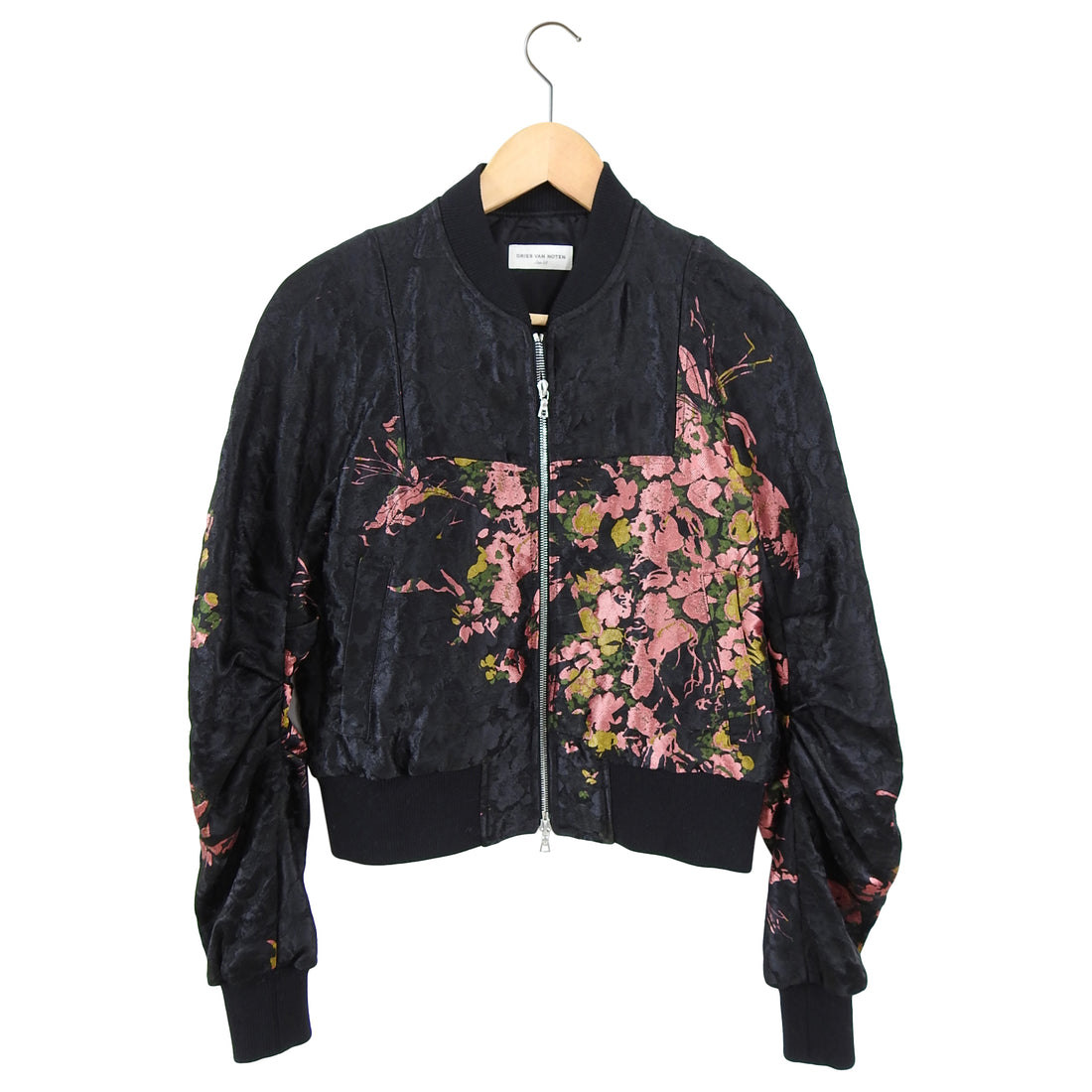 Dries Van Noten Pink and Black Floral Jacquard Bomber Jacket 38