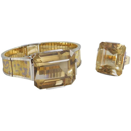 Vintage 1970's Retro Style Eszeha Smoky Citrine Gold Bracelet and Ring Set