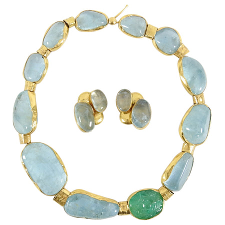 Eileen Coyne 22k Gold Blue Tourmaline and Carved Emerald Necklace Earrings