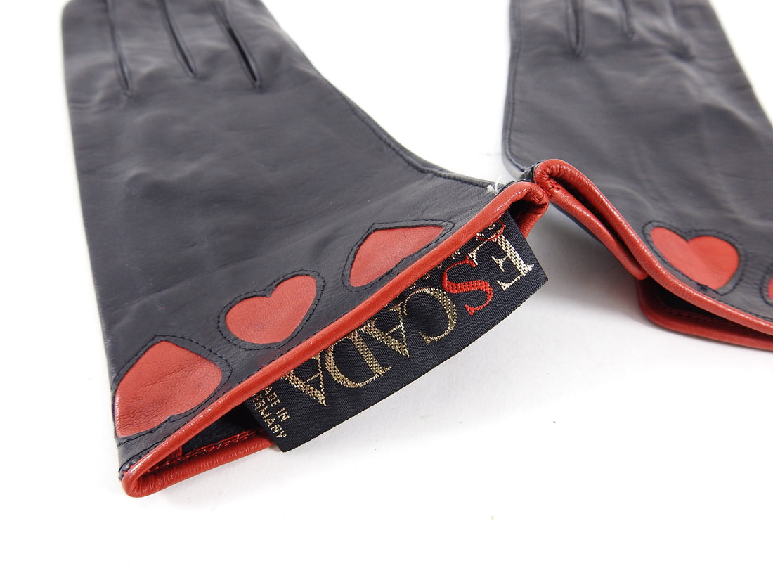 Escada Vintage 1990's Black Leather Gloves with Red Hearts