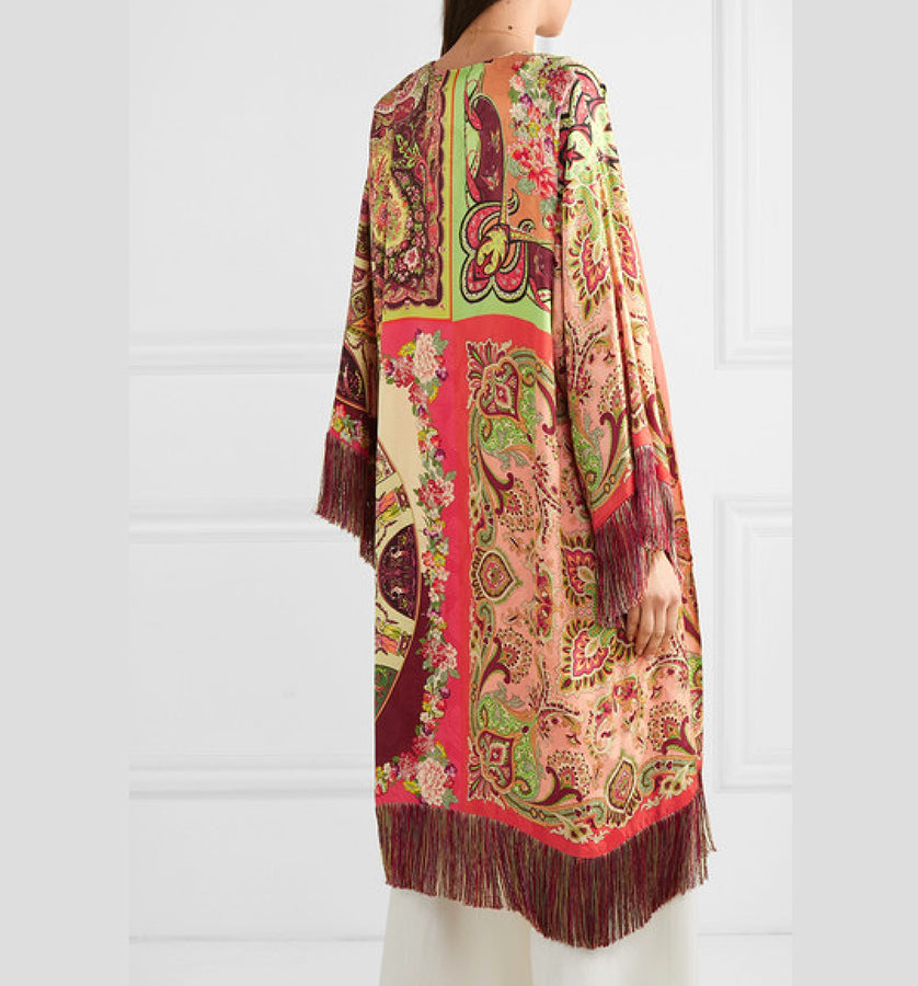 Etro Pink Fringe Silk and Viscose Kimono Robe Coat - Free size