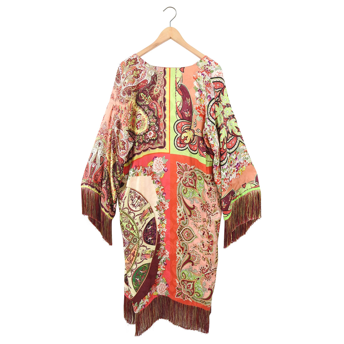 Etro Pink Fringe Silk and Viscose Kimono Robe Coat - Free size