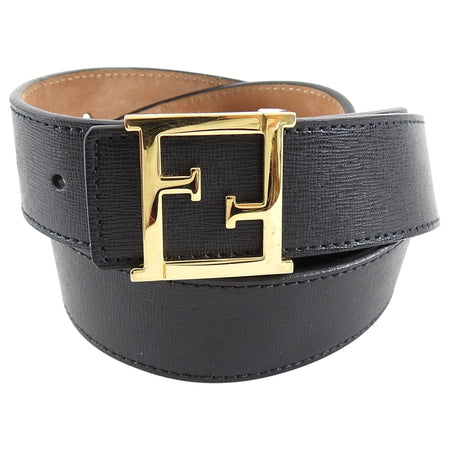 Fendi Black Leather Belt with Gold FF Logo Buckle