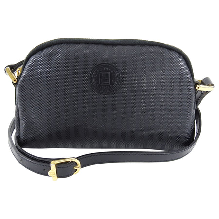Fendi Vintage 1990's Black Coated Canvas Stripe Small Crossbody Bag