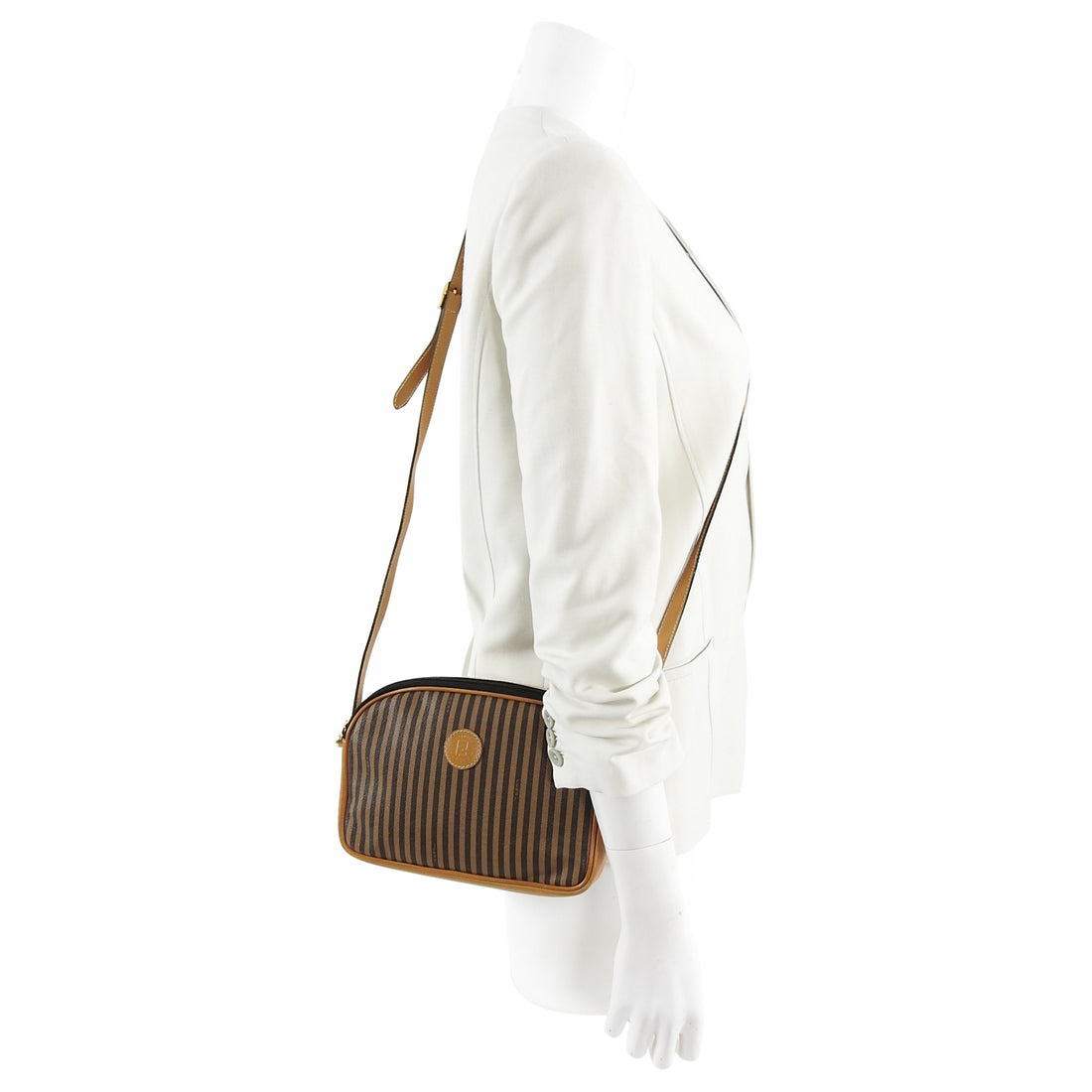Fendi Vintage 1990's Tan Stripe Coated Canvas Crossbody Bag