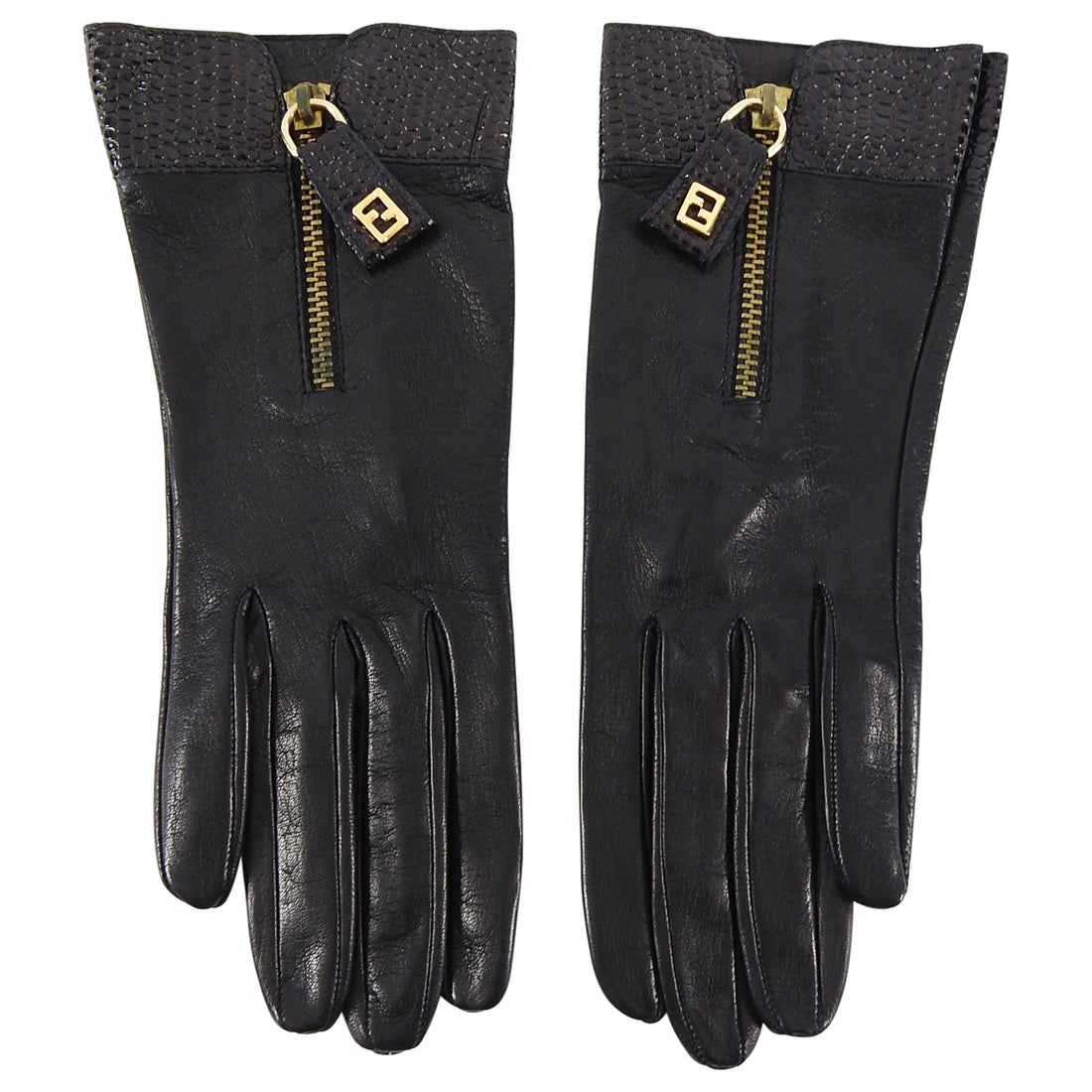 Fendi Vintage 1990's Black Leather and Lizard Trim FF Logo Gloves