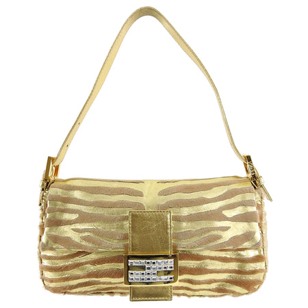 Fendi Vintage 1990's Gold Leather and Calf Fur Jewel Baguette Bag