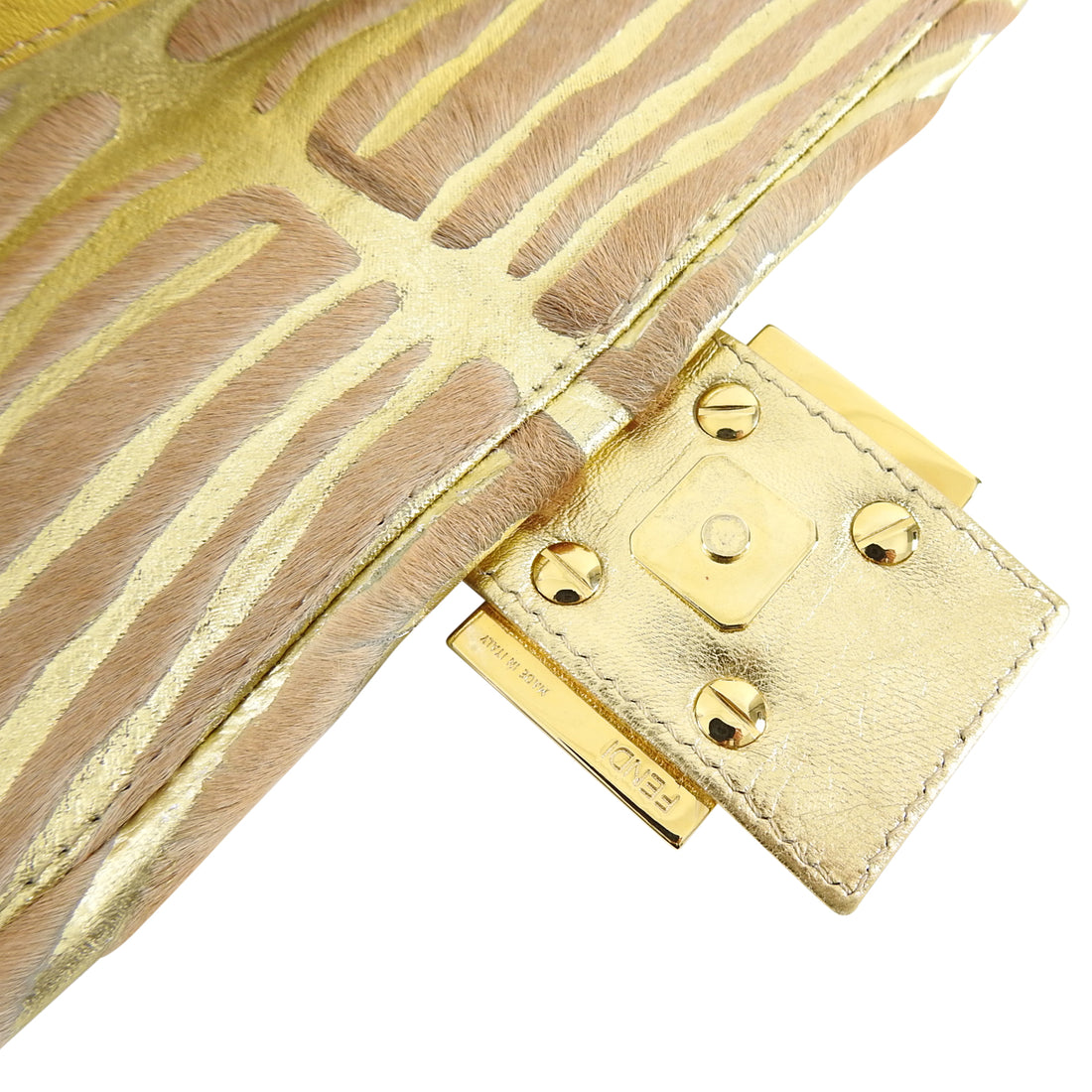 Fendi Vintage 1990's Gold Leather and Calf Fur Jewel Baguette Bag