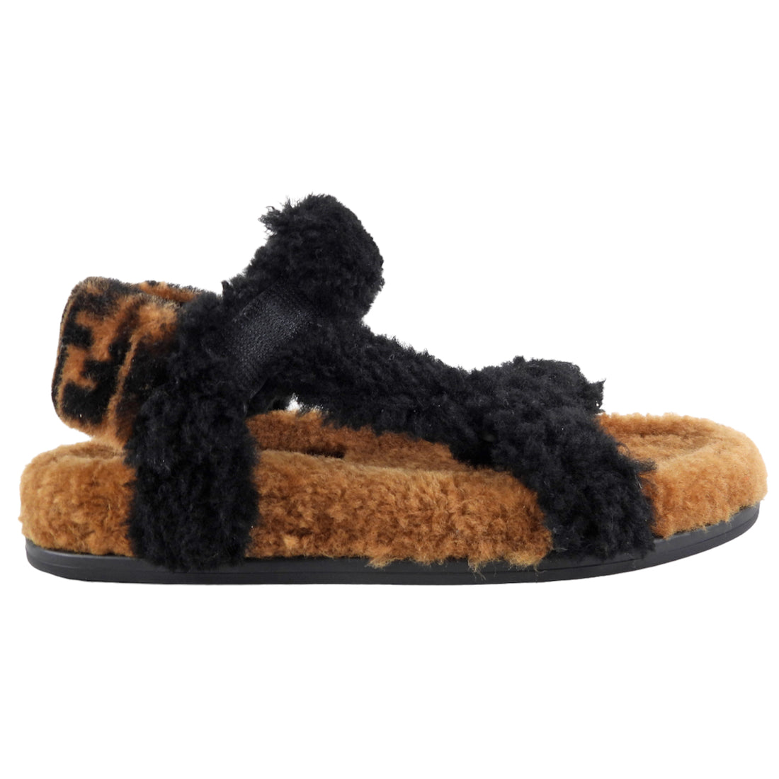 Fendi Brown and Black Zucca Logo Shearling Sandals 37