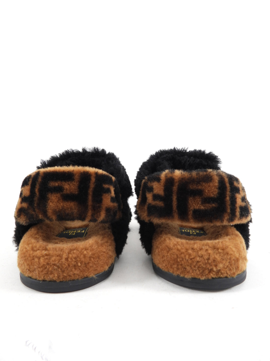 Fendi Brown and Black Zucca Logo Shearling Sandals - 37