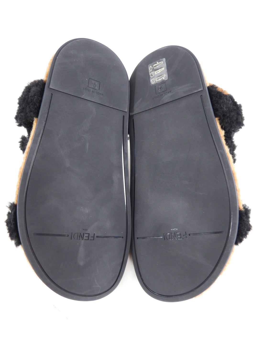 Fendi Brown and Black Zucca Logo Shearling Sandals - 37